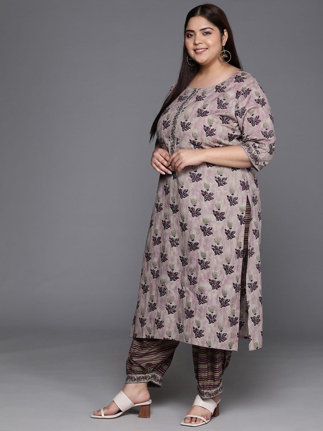 Plus Size Pink Printed Cotton Straight Kurta With Salwar & Dupatta - ShopLibas