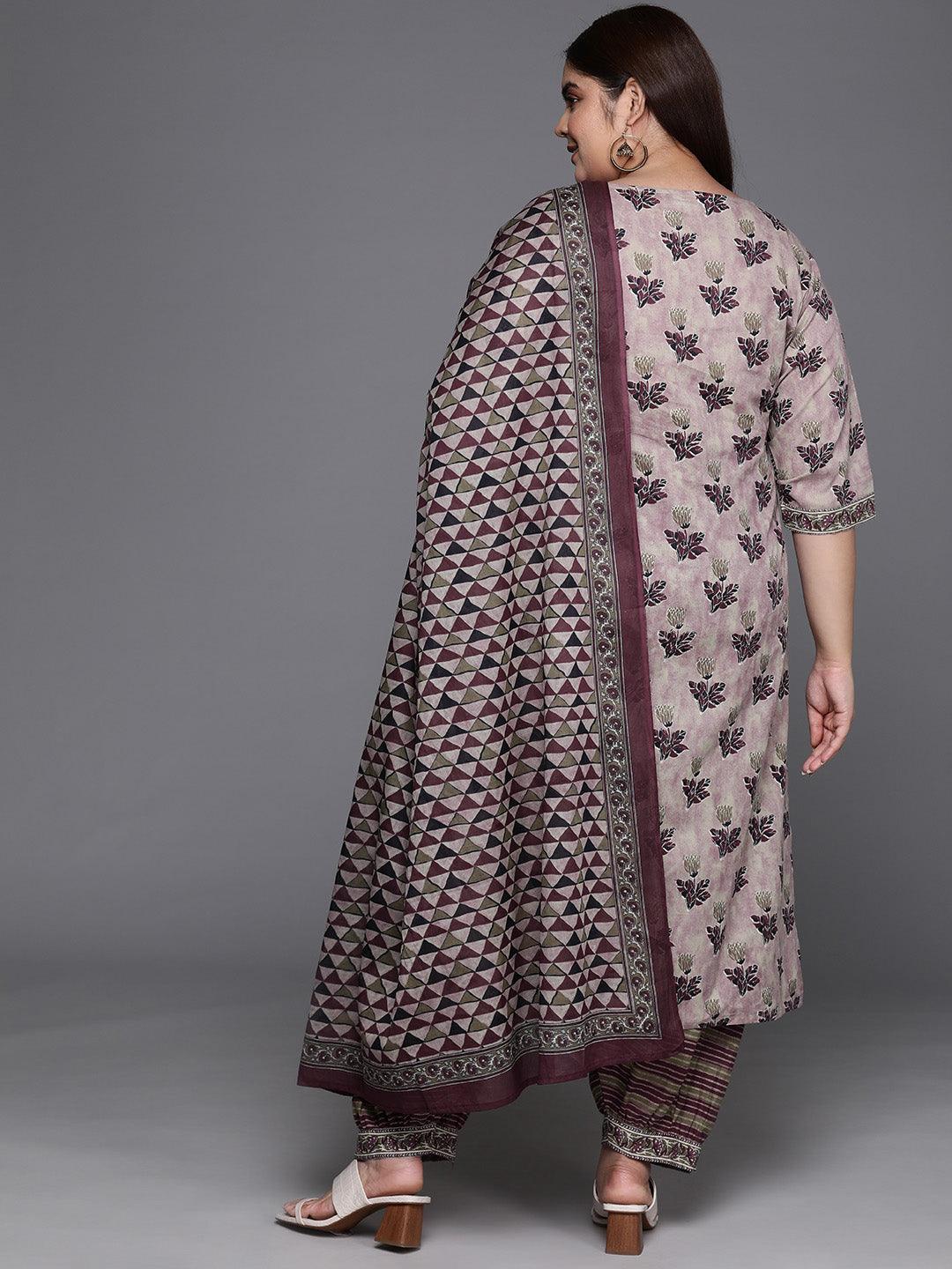 Plus Size Pink Printed Cotton Straight Kurta With Salwar & Dupatta - ShopLibas