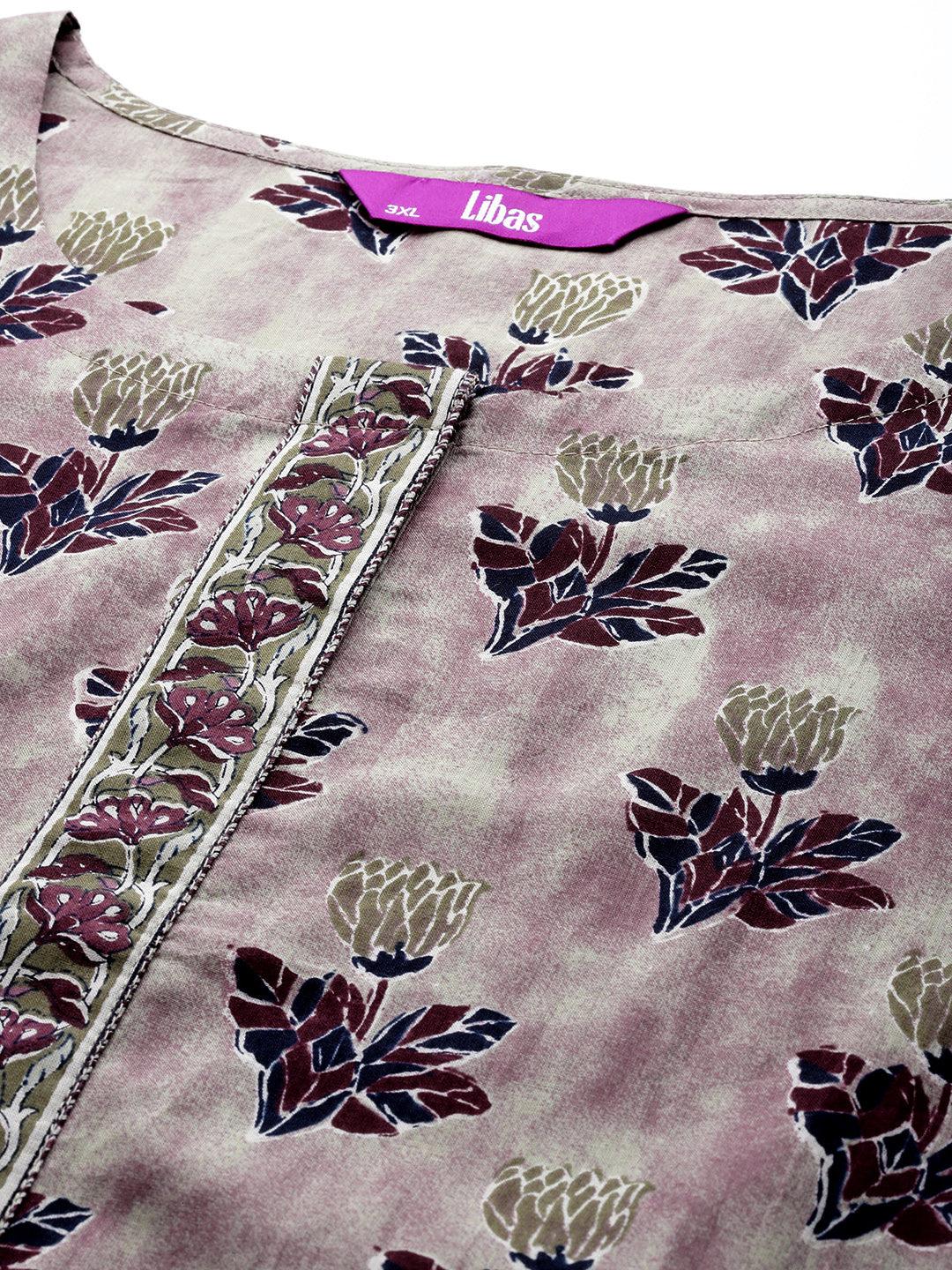 Plus Size Pink Printed Cotton Straight Kurta With Salwar & Dupatta - ShopLibas 