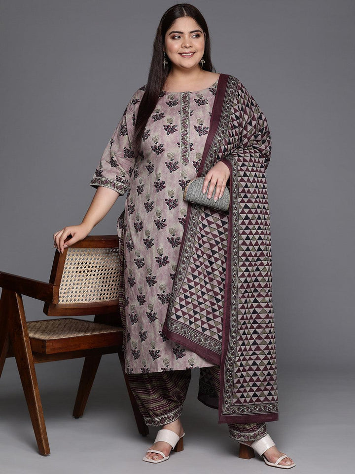 Plus Size Pink Printed Cotton Straight Suit With Dupatta