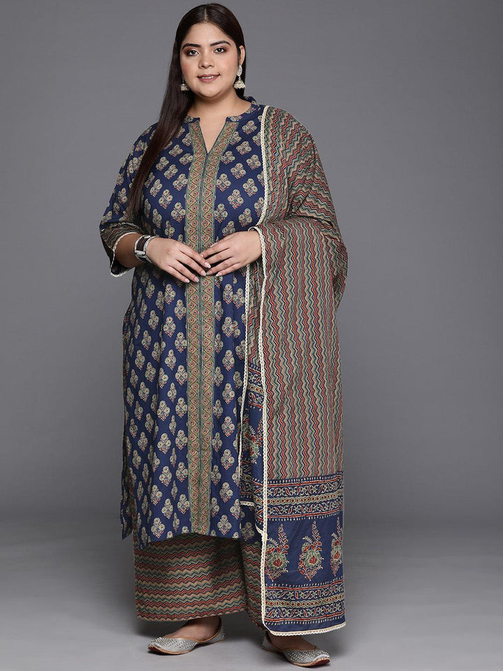 Plus Size Blue Printed Cotton Straight Suit With Dupatta