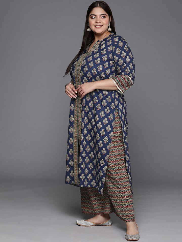 Plus Size Blue Printed Cotton Straight Suit With Dupatta