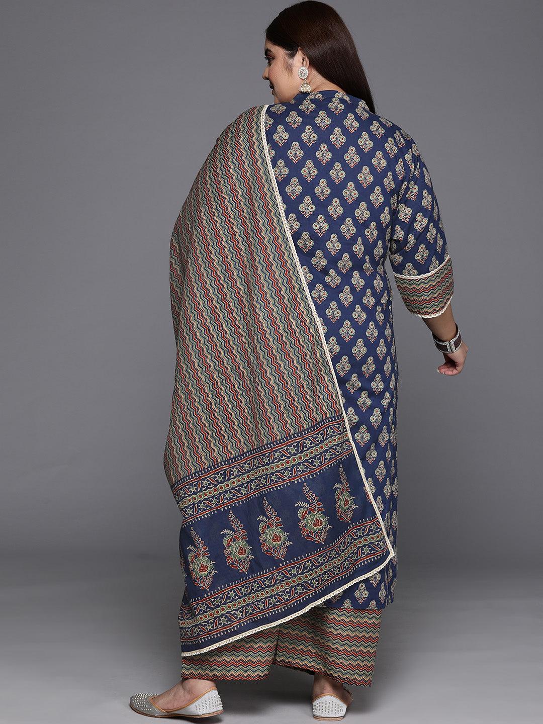 Plus Size Blue Printed Cotton Straight Kurta With Palazzos & Dupatta - ShopLibas 