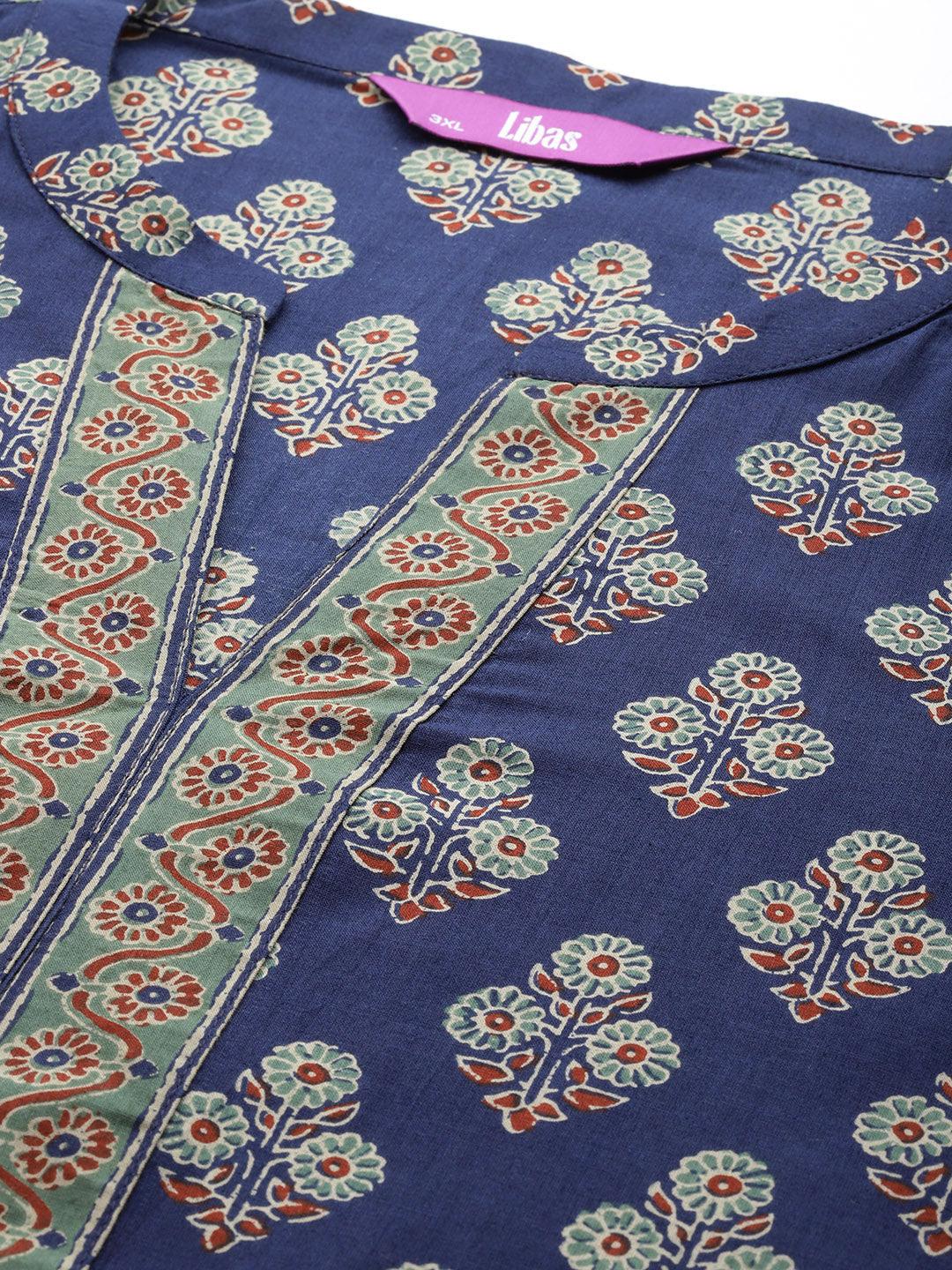 Plus Size Blue Printed Cotton Straight Kurta With Palazzos & Dupatta - ShopLibas 