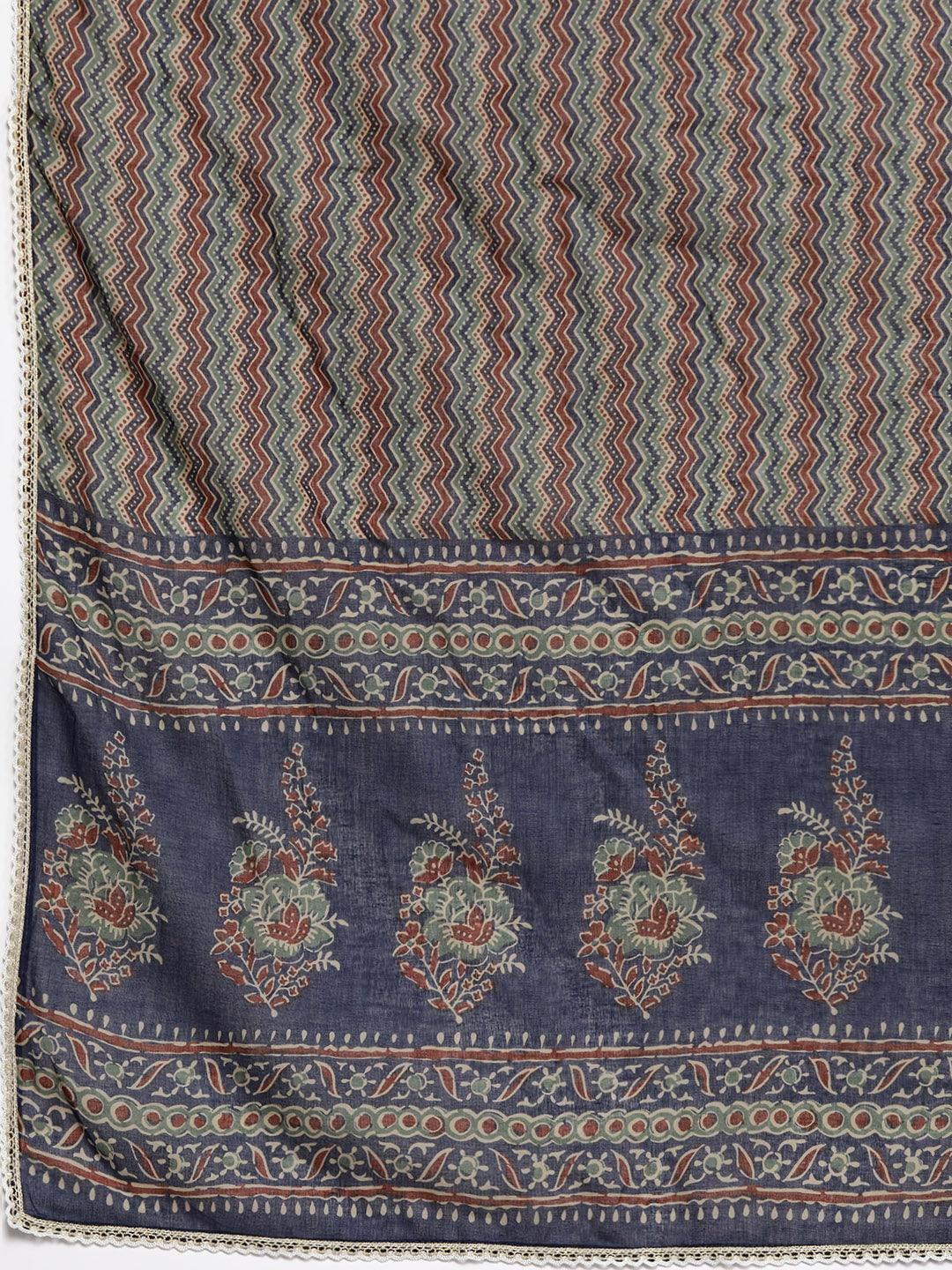 Plus Size Blue Printed Cotton Straight Kurta With Palazzos & Dupatta - ShopLibas 