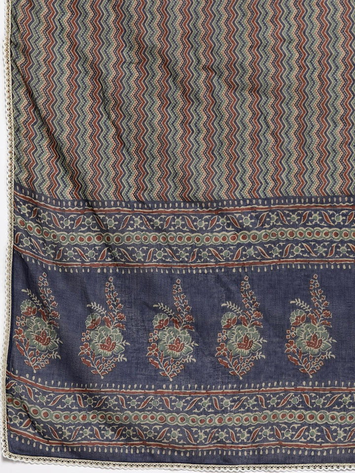 Plus Size Blue Printed Cotton Straight Suit With Dupatta