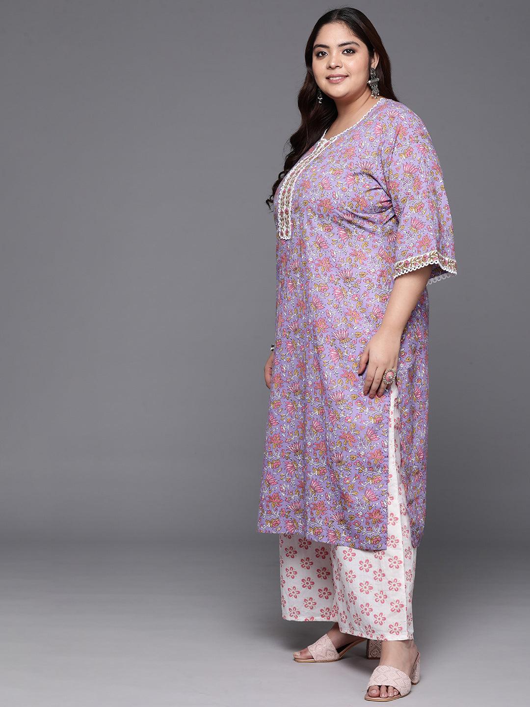 Plus Size Purple Printed Cotton Straight Kurta With Palazzos & Dupatta - ShopLibas 