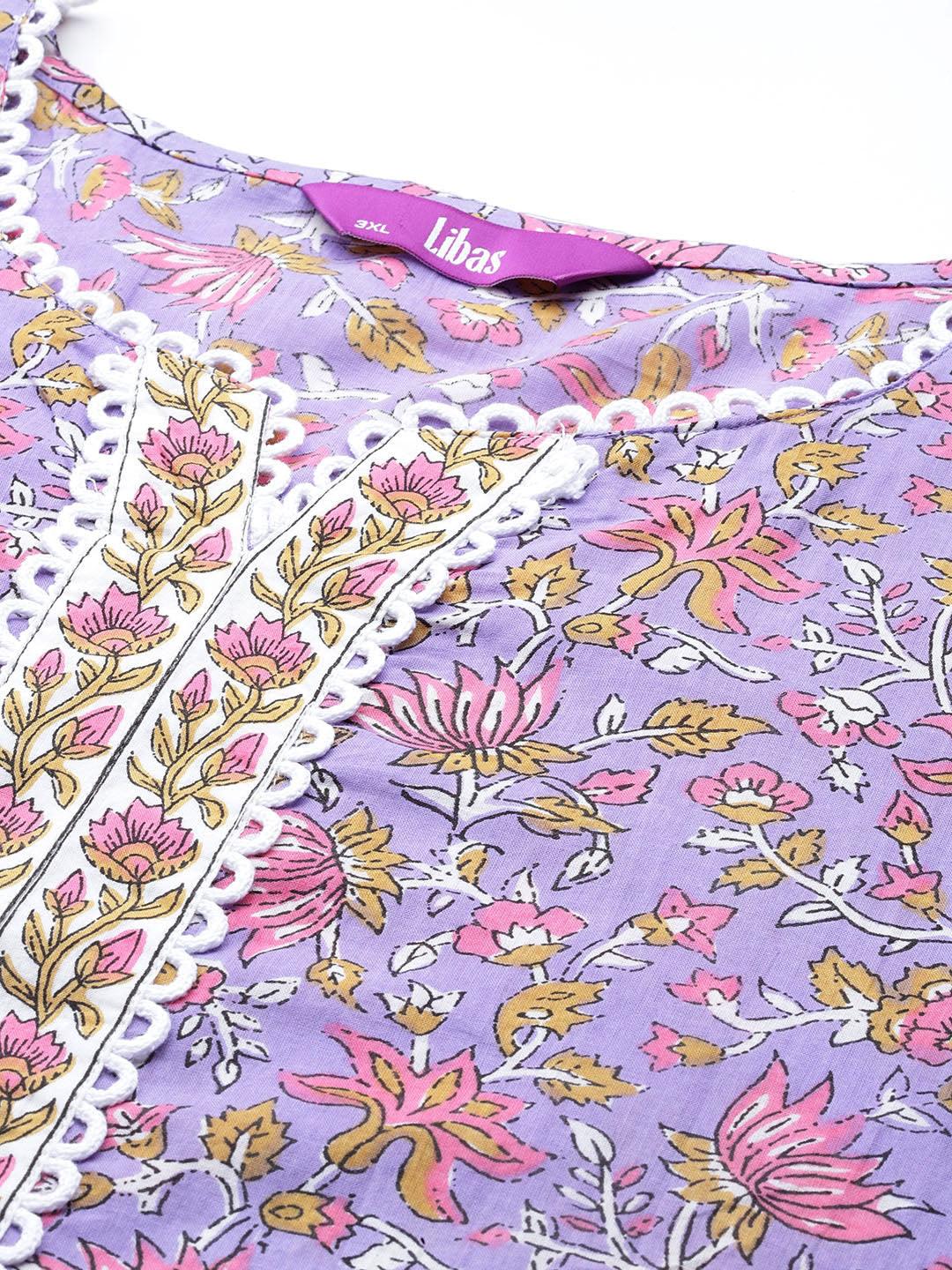 Plus Size Purple Printed Cotton Straight Kurta With Palazzos & Dupatta - ShopLibas 
