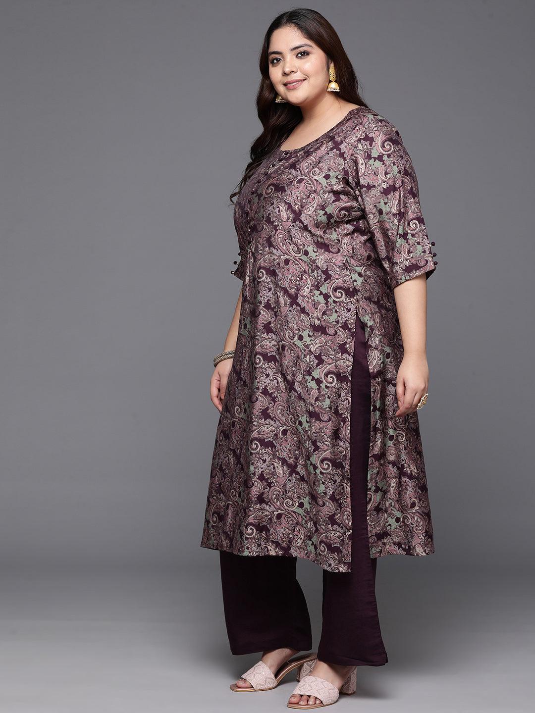 Plus Size Wine Printed Silk Blend Straight Kurta With Trousers & Dupatta - ShopLibas 