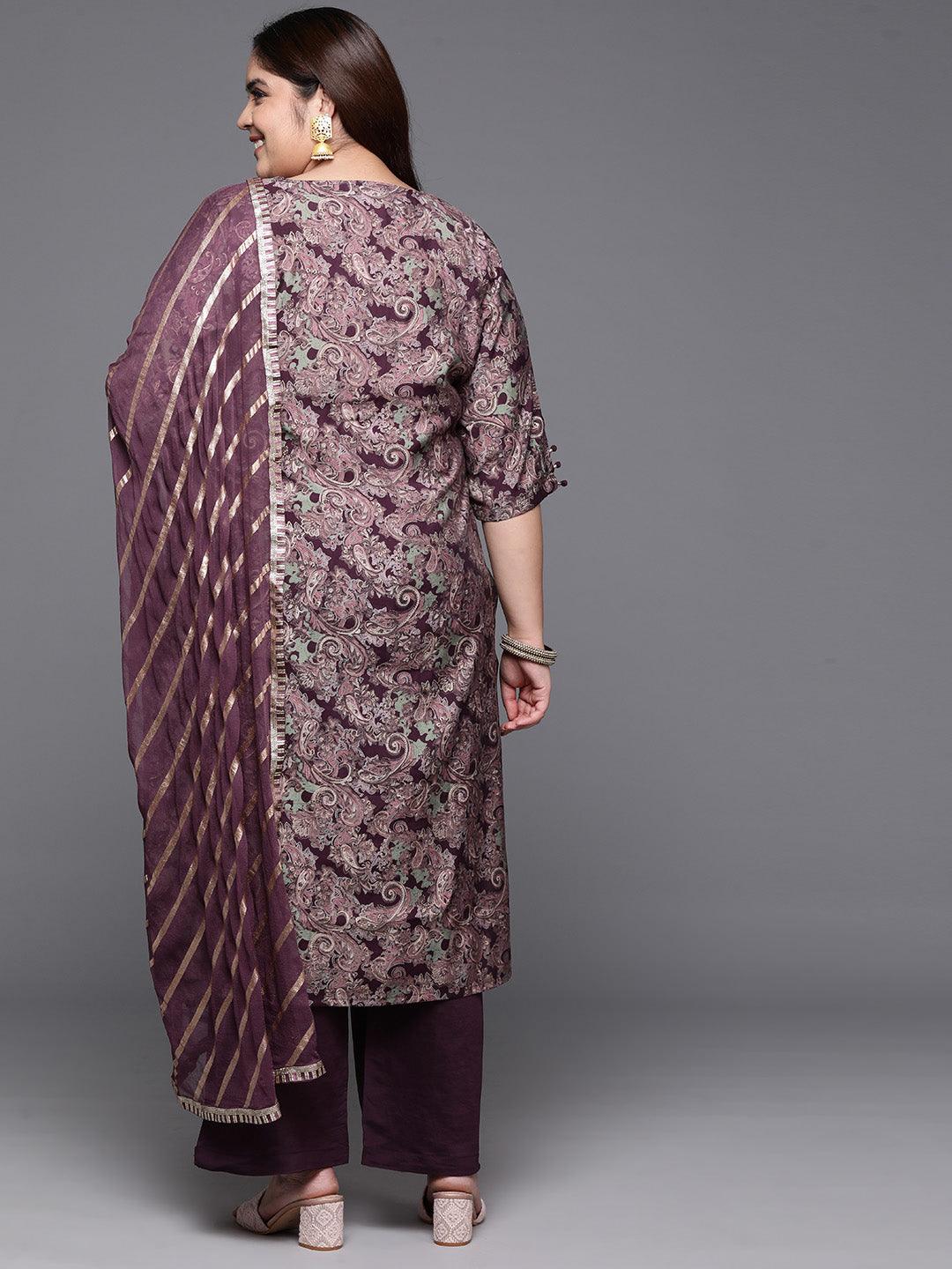 Plus Size Wine Printed Silk Blend Straight Kurta With Trousers & Dupatta - ShopLibas 