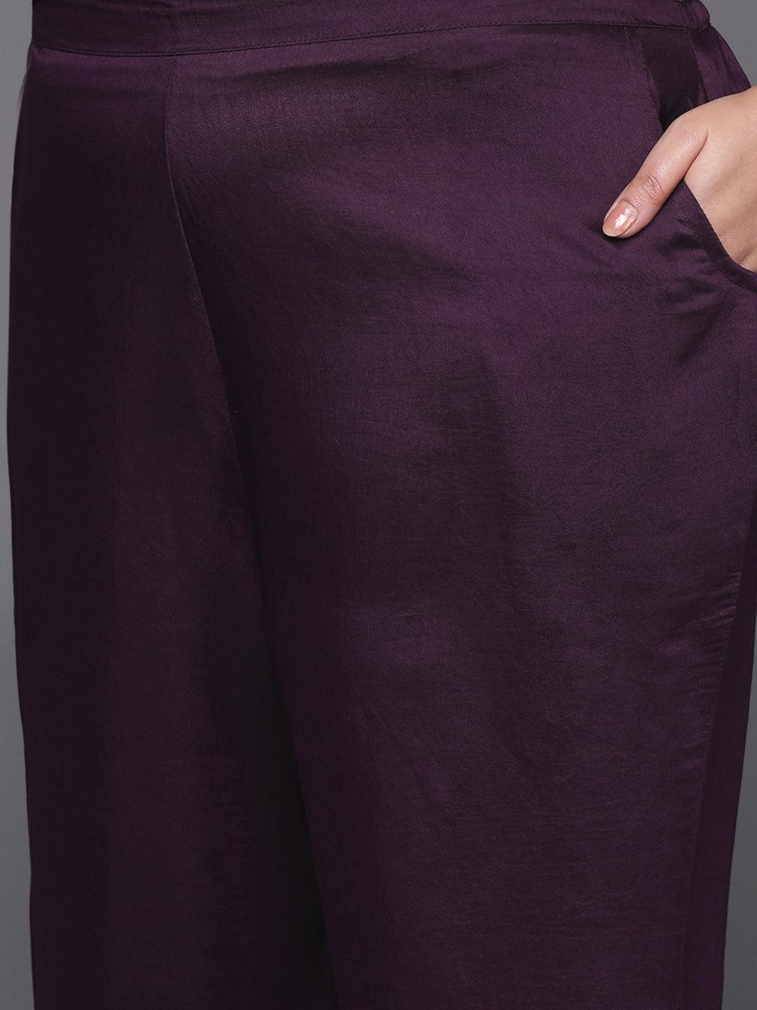 Plus Size Wine Printed Silk Blend Straight Kurta With Trousers & Dupatta - ShopLibas 