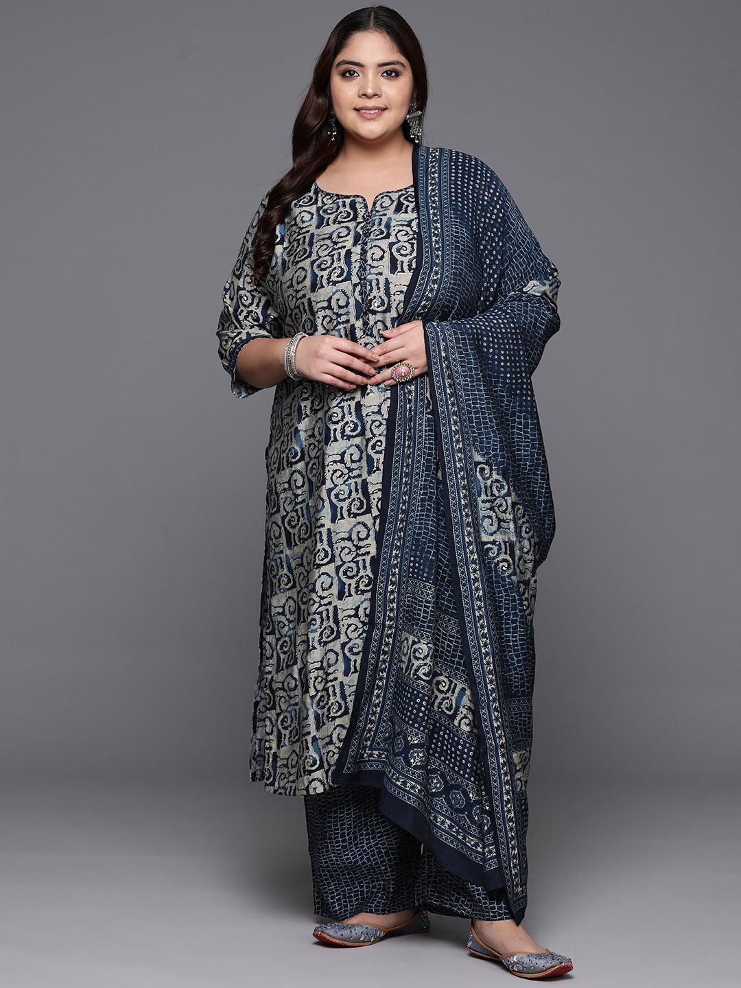 Plus Size Blue Printed Silk Blend Straight Kurta With Trousers & Dupatta - ShopLibas