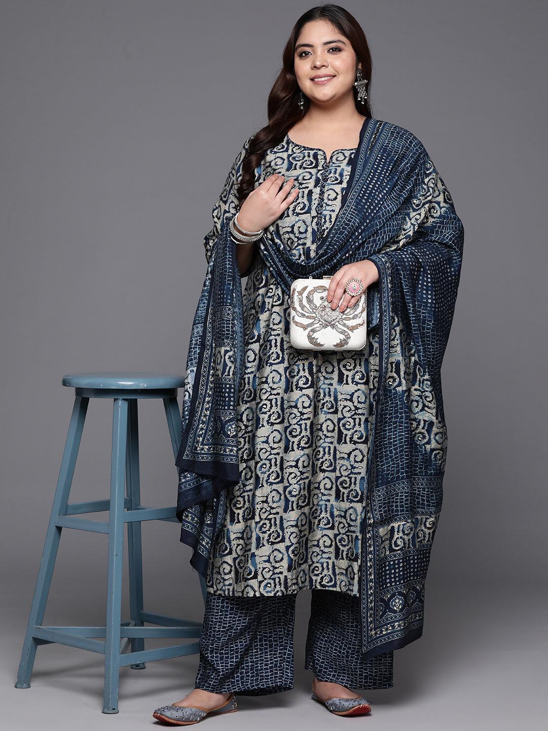 Plus Size Blue Printed Silk Blend Straight Kurta With Trousers & Dupatta - ShopLibas 