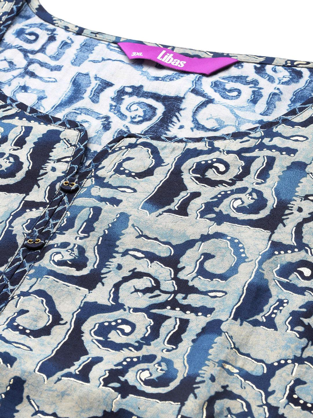 Plus Size Blue Printed Silk Blend Straight Kurta With Trousers & Dupatta - ShopLibas 