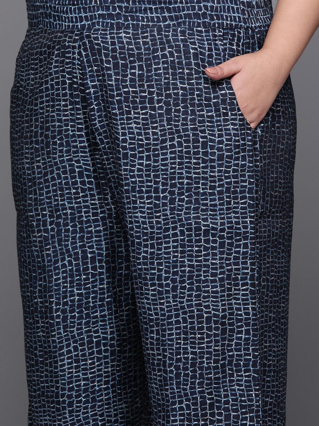 Plus Size Blue Printed Silk Blend Straight Kurta With Trousers & Dupatta - ShopLibas 