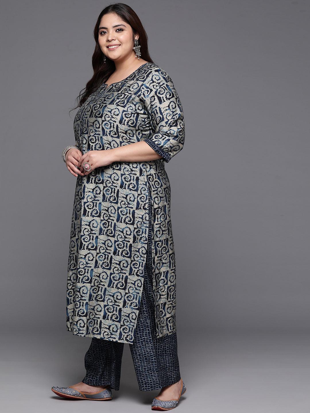 Plus Size Blue Printed Silk Blend Straight Kurta With Trousers & Dupatta - ShopLibas 