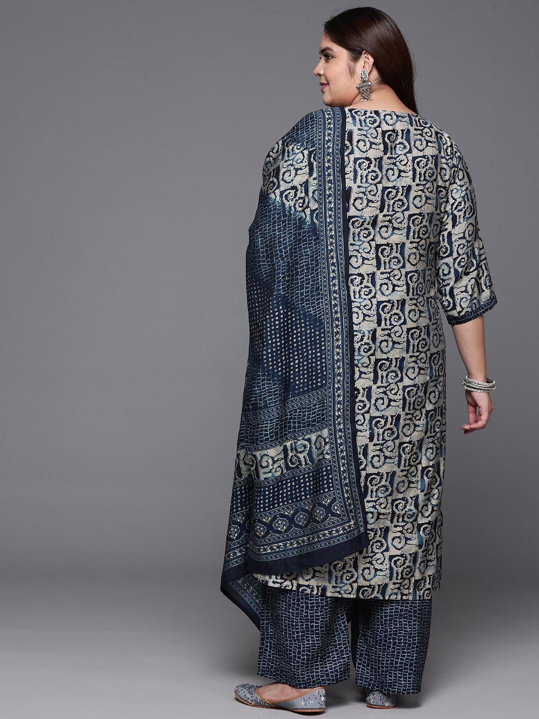 Plus Size Blue Printed Silk Blend Straight Kurta With Trousers & Dupatta - ShopLibas 