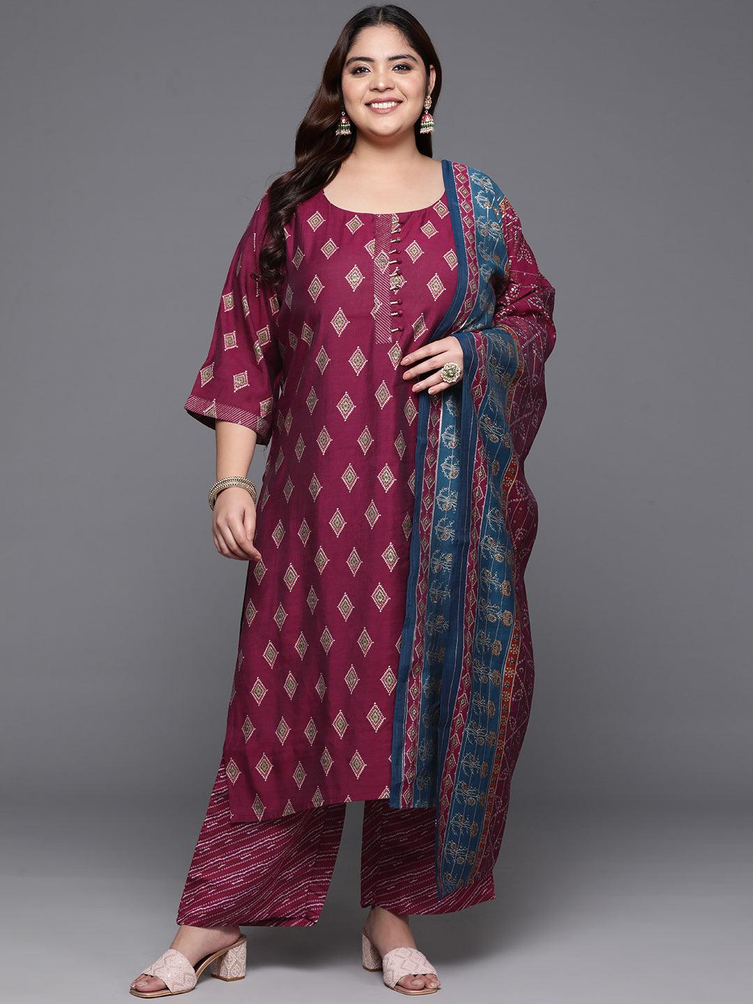 Plus Size Wine Printed Silk Blend Straight Kurta With Trousers & Dupatta - ShopLibas