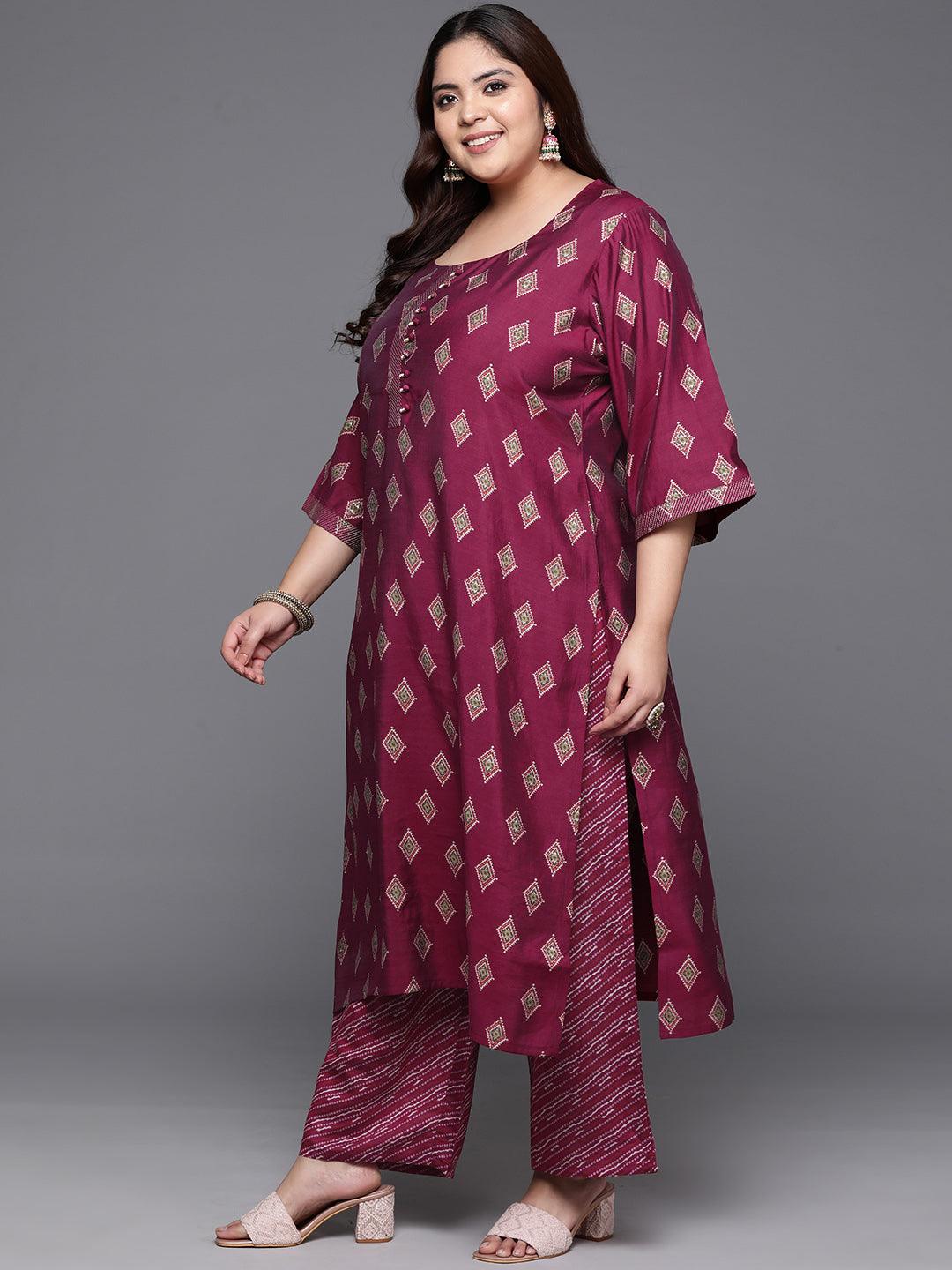Plus Size Wine Printed Silk Blend Straight Kurta With Trousers & Dupatta - ShopLibas 