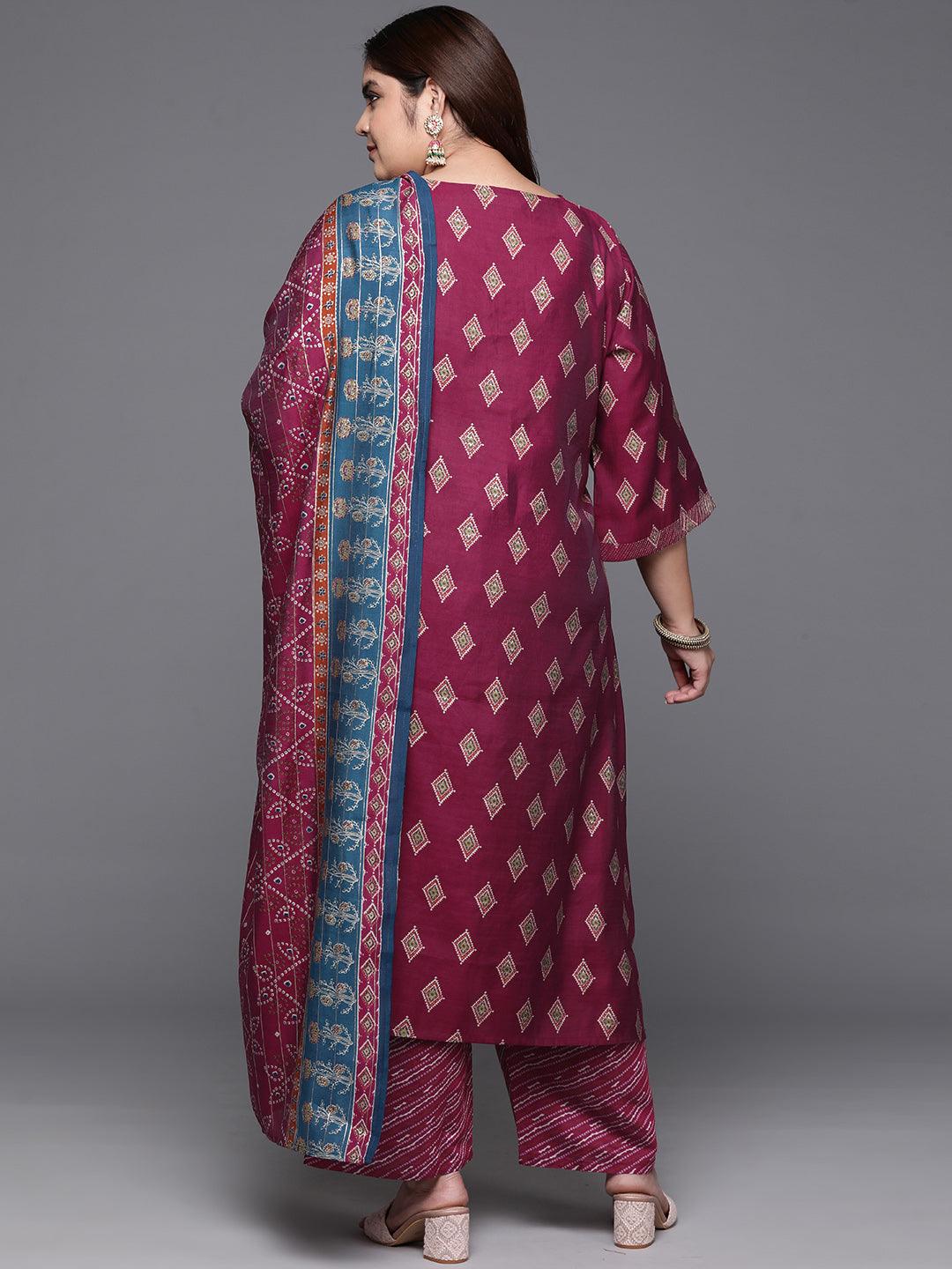 Plus Size Wine Printed Silk Blend Straight Kurta With Trousers & Dupatta - ShopLibas 