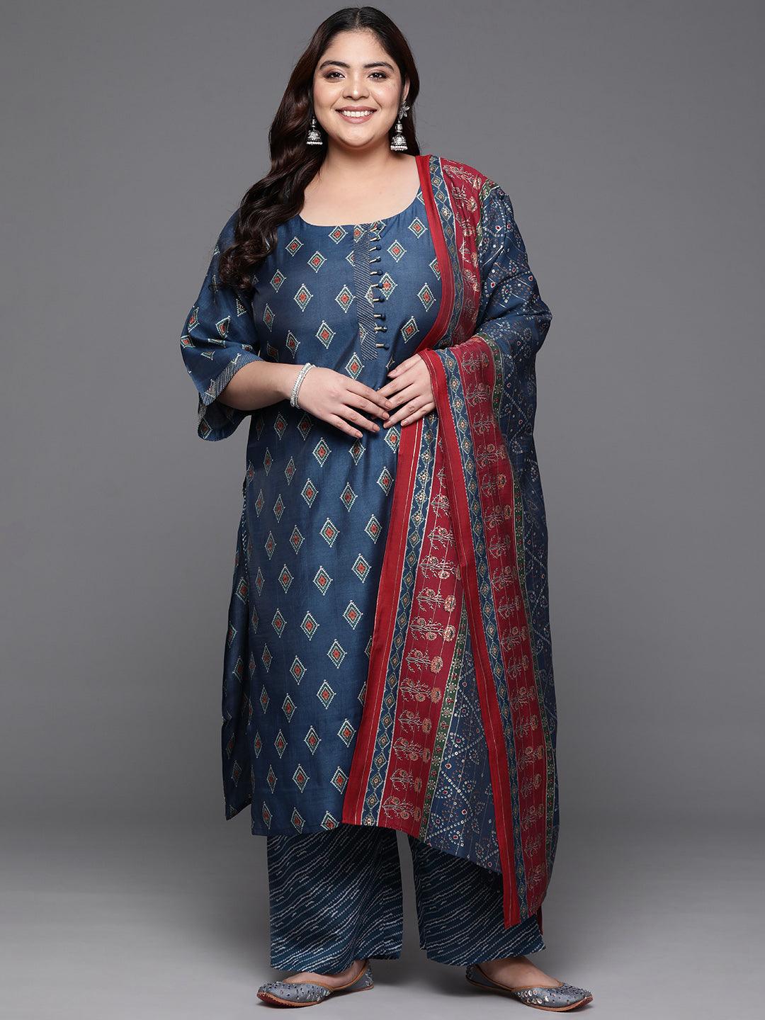 Plus Size Blue Printed Silk Blend Straight Kurta With Trousers & Dupatta - ShopLibas