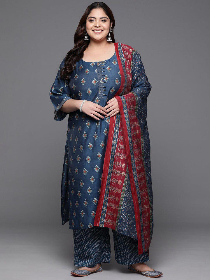 Plus Size Blue Printed Silk Blend Straight Suit With Dupatta