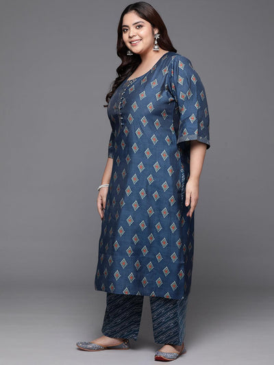 Plus Size Blue Printed Silk Blend Straight Kurta With Trousers & Dupatta - ShopLibas