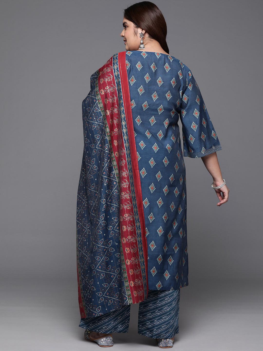 Plus Size Blue Printed Silk Blend Straight Kurta With Trousers & Dupatta - ShopLibas 
