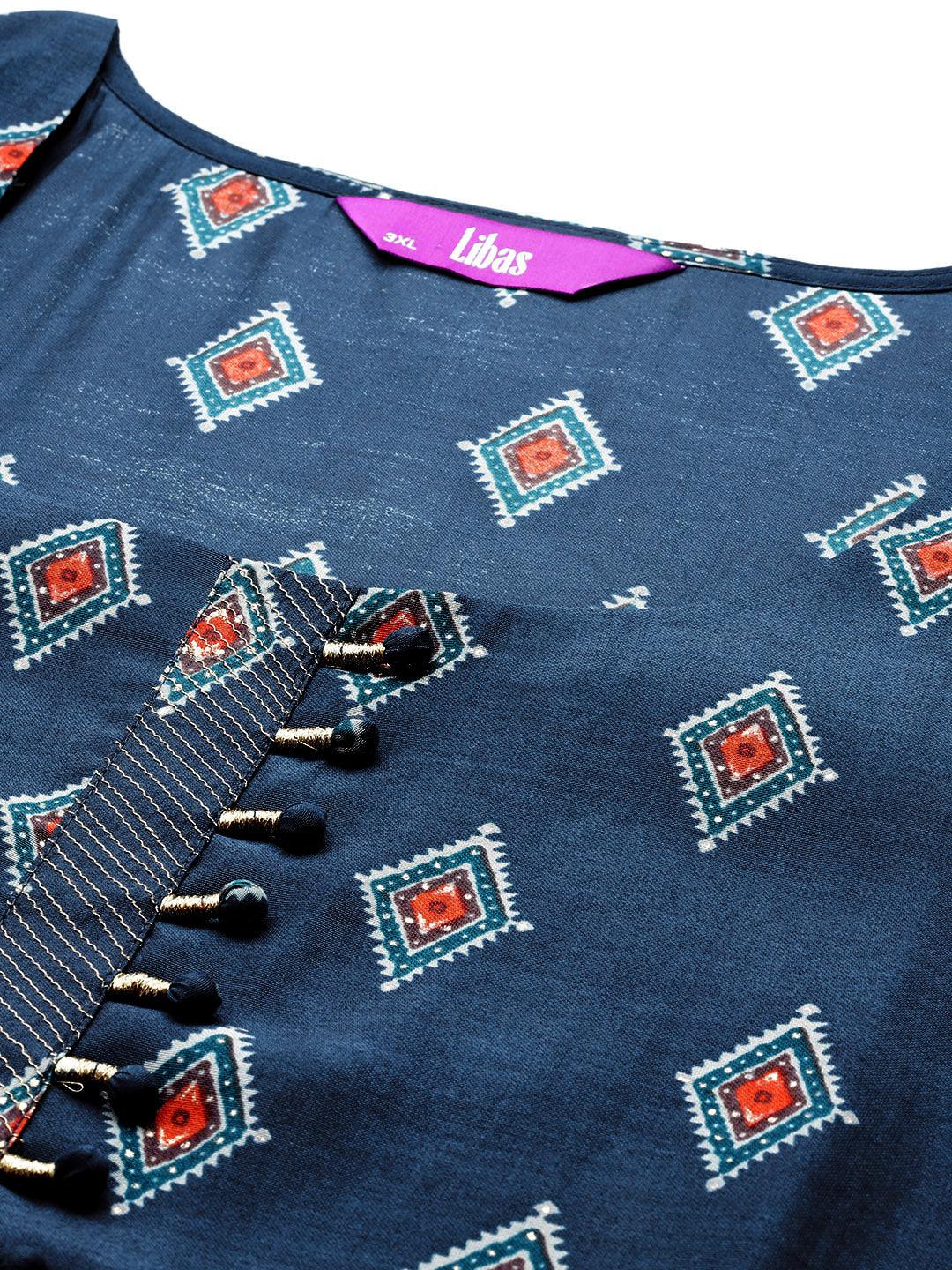 Plus Size Blue Printed Silk Blend Straight Kurta With Trousers & Dupatta - ShopLibas 