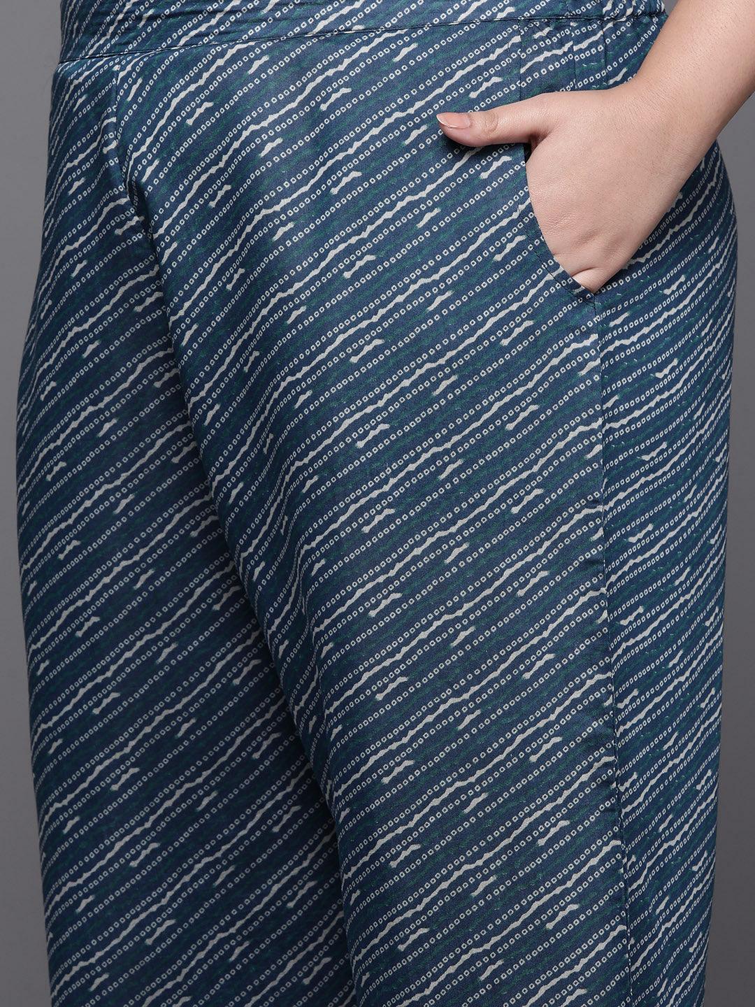 Plus Size Blue Printed Silk Blend Straight Kurta With Trousers & Dupatta - ShopLibas 