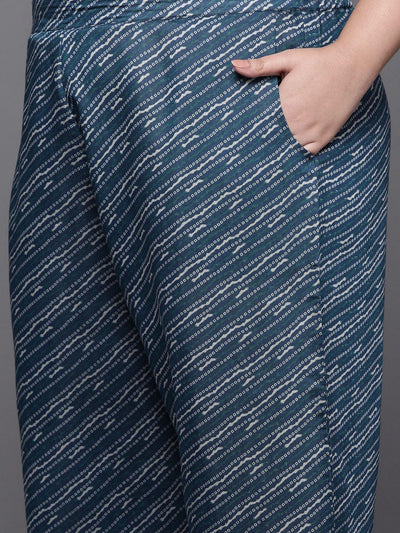 Plus Size Blue Printed Silk Blend Straight Kurta With Trousers & Dupatta - ShopLibas