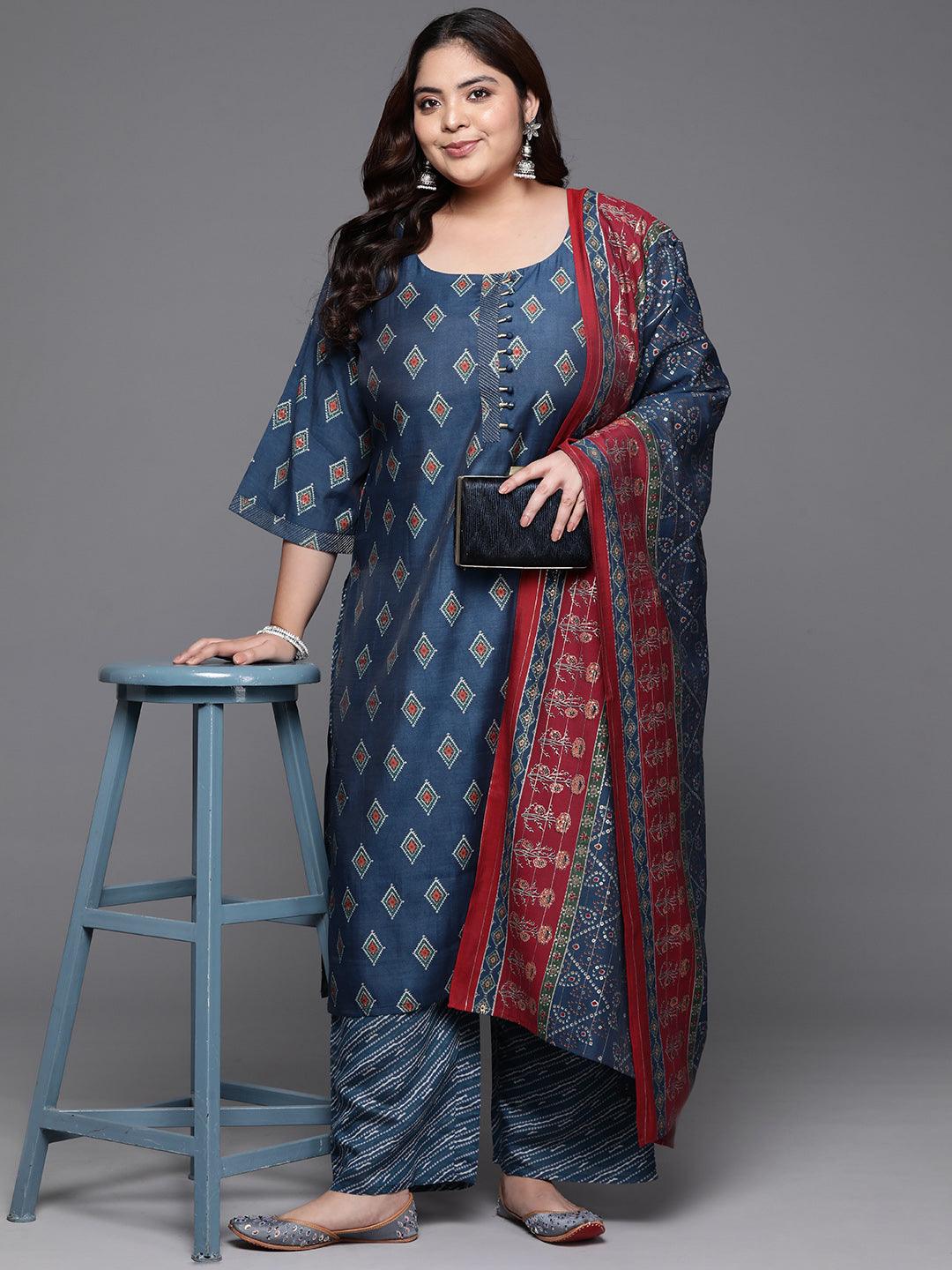 Plus Size Blue Printed Silk Blend Straight Kurta With Trousers & Dupatta - ShopLibas 