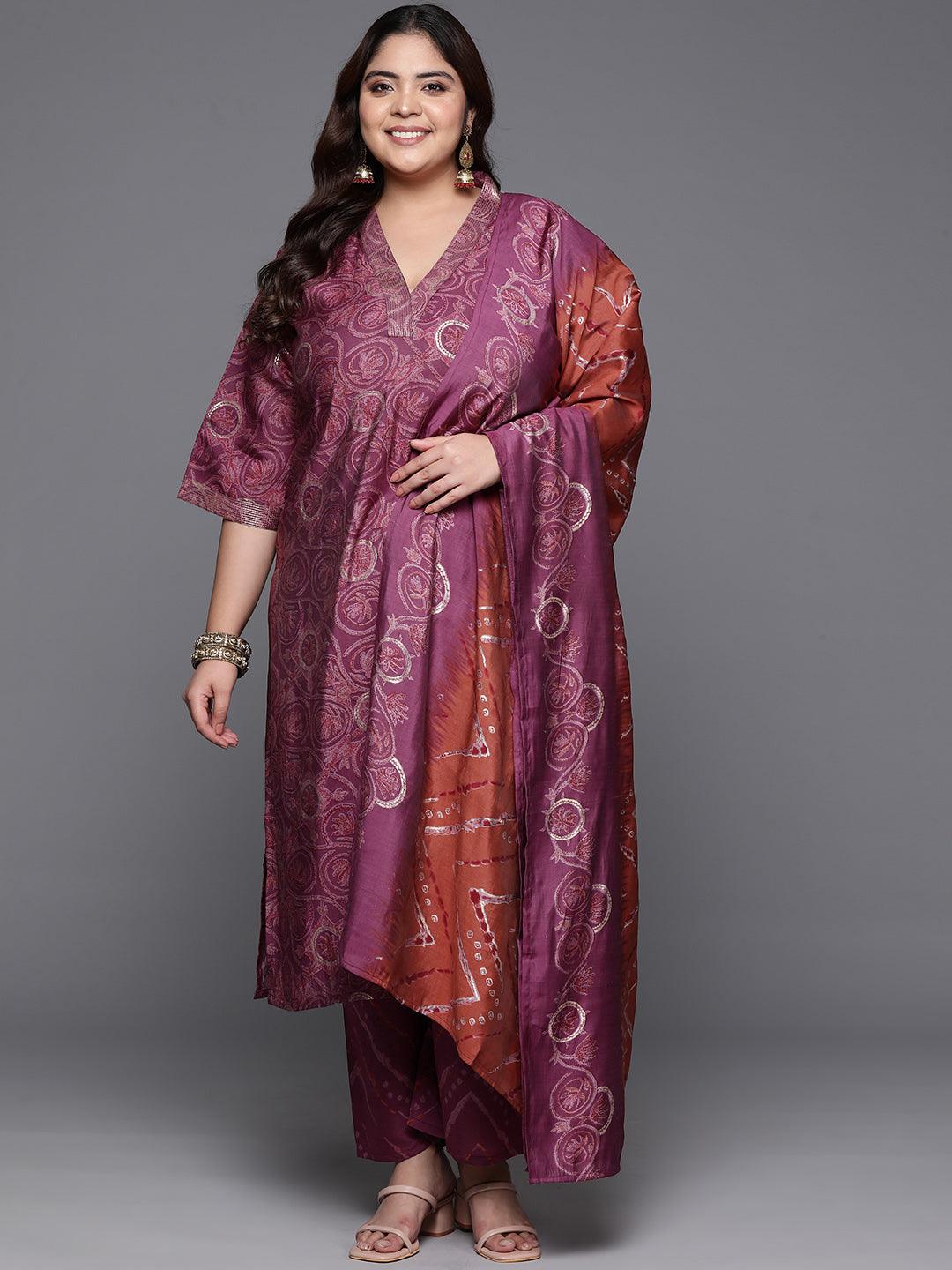Plus Size Mauve Printed Silk Blend Straight Kurta With Trousers & Dupatta - ShopLibas