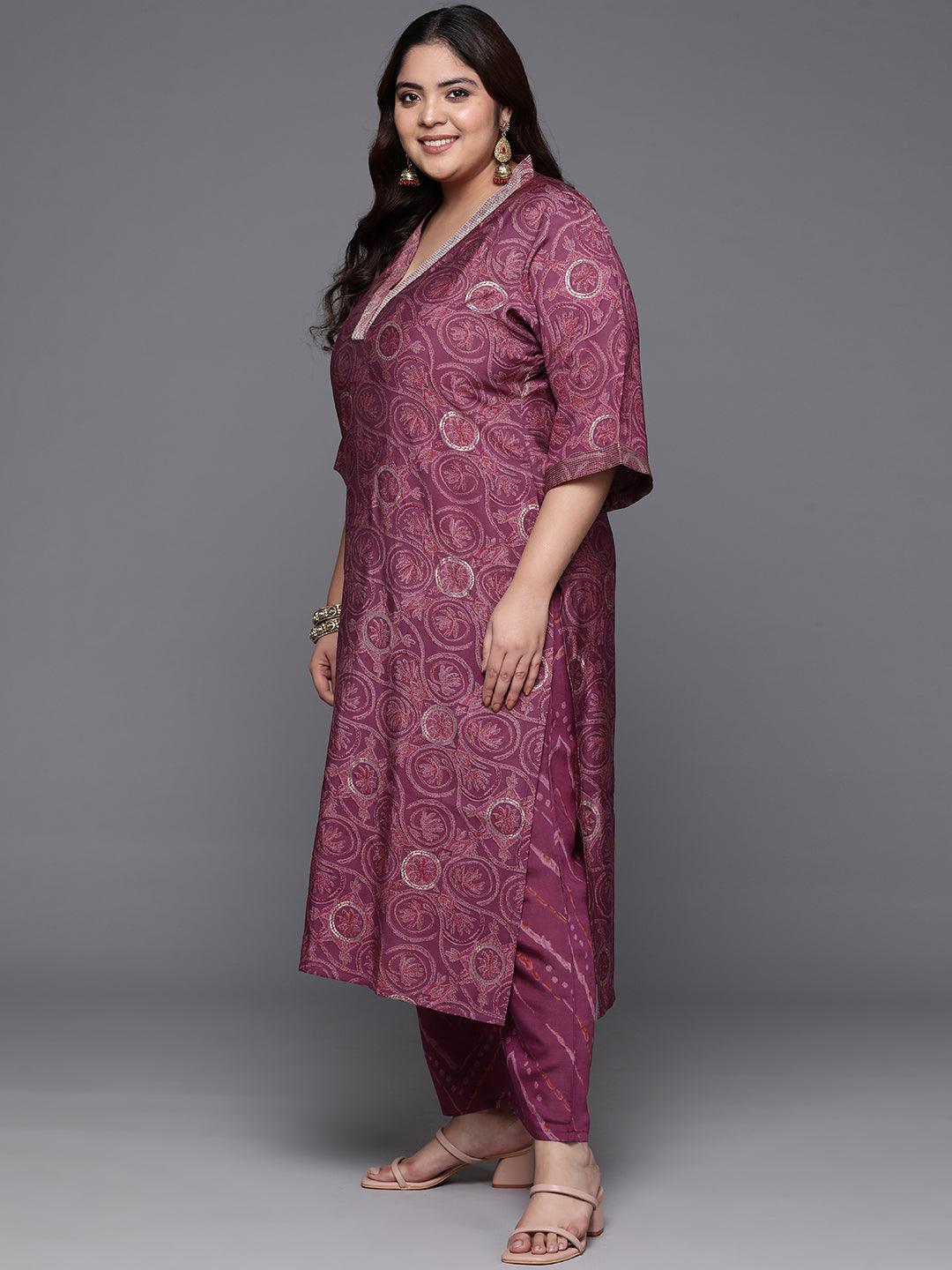 Plus Size Mauve Printed Silk Blend Straight Kurta With Trousers & Dupatta - ShopLibas 