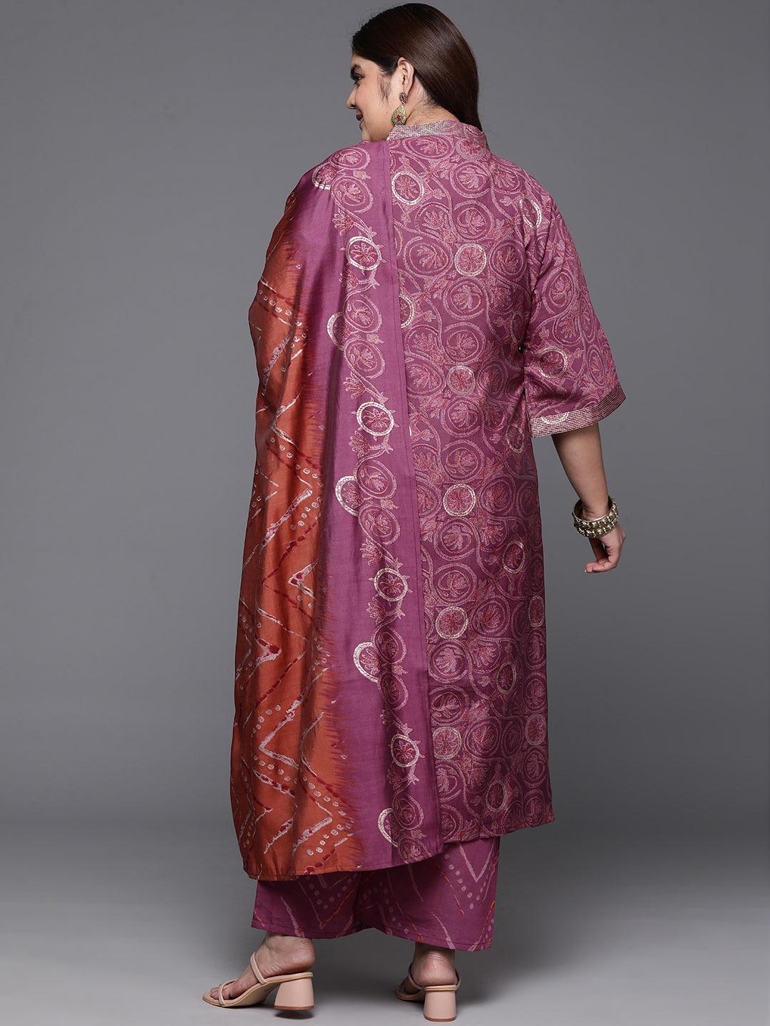 Plus Size Mauve Printed Silk Blend Straight Kurta With Trousers & Dupatta - ShopLibas 