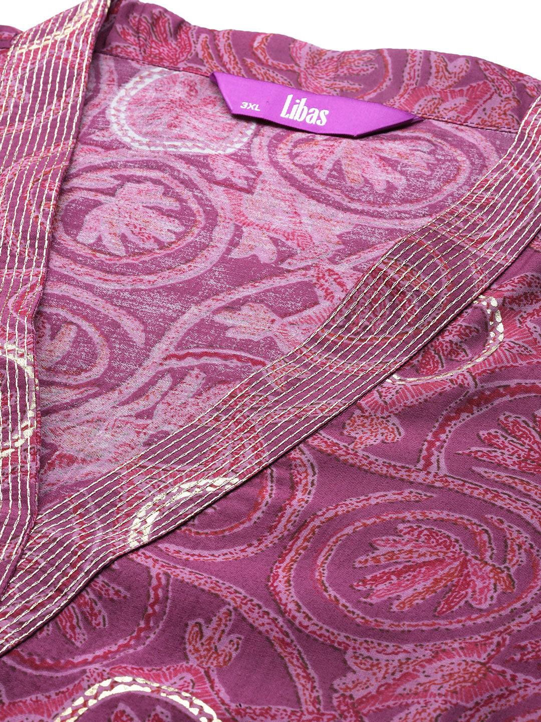 Plus Size Mauve Printed Silk Blend Straight Kurta With Trousers & Dupatta - ShopLibas 