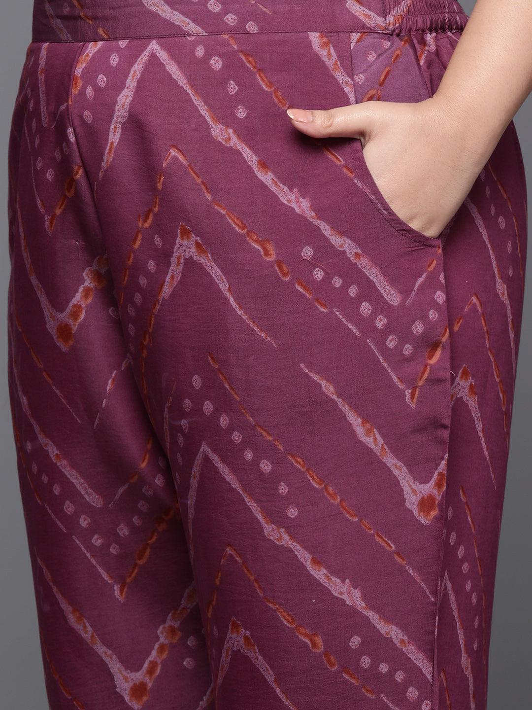 Plus Size Mauve Printed Silk Blend Straight Kurta With Trousers & Dupatta - ShopLibas 