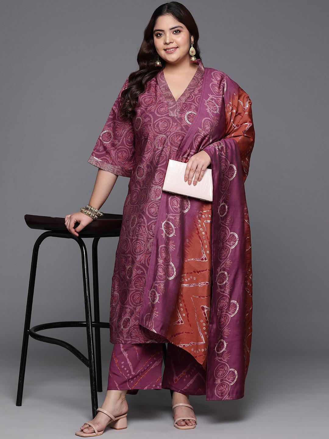 Plus Size Mauve Printed Silk Blend Straight Kurta With Trousers & Dupatta - ShopLibas 