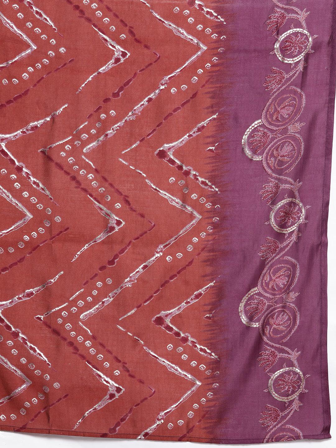Plus Size Mauve Printed Silk Blend Straight Kurta With Trousers & Dupatta - ShopLibas 