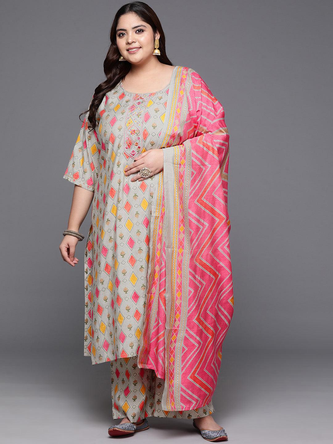 Plus Size Multi Printed Silk Blend Straight Kurta With Trousers & Dupatta - ShopLibas