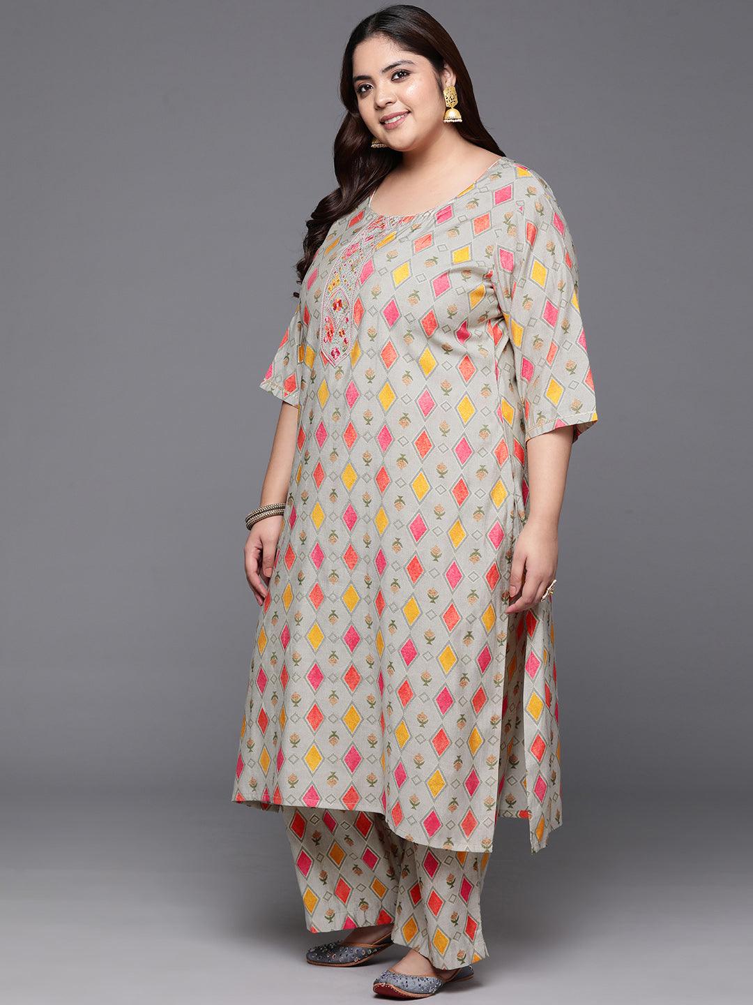 Plus Size Multi Printed Silk Blend Straight Kurta With Trousers & Dupatta - ShopLibas 