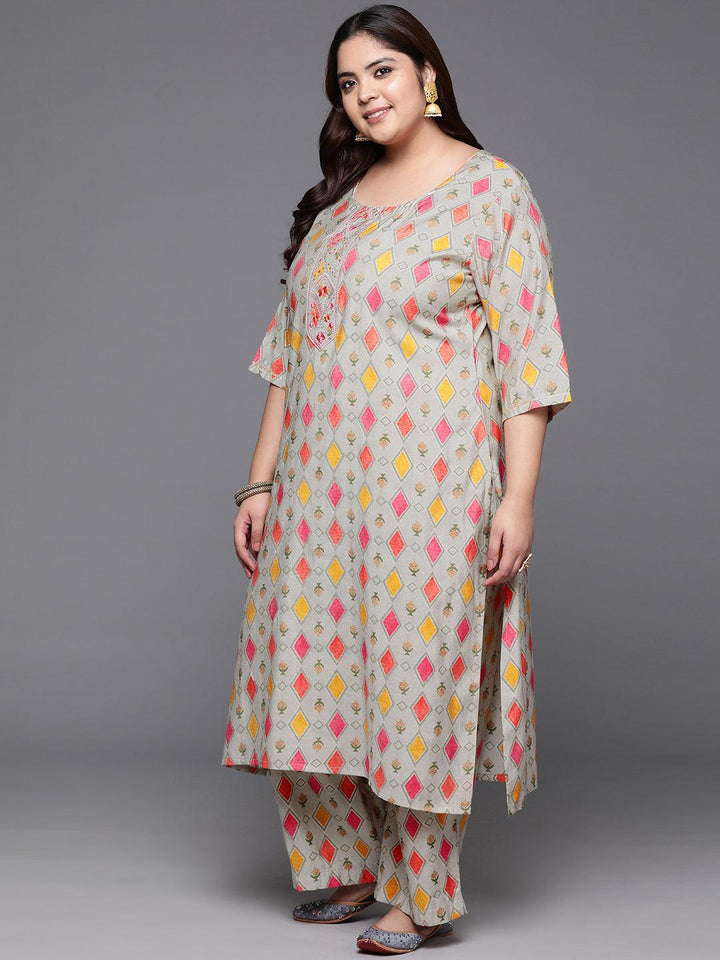 Plus Size Multicoloured Printed Silk Blend Straight Suit With Dupatta