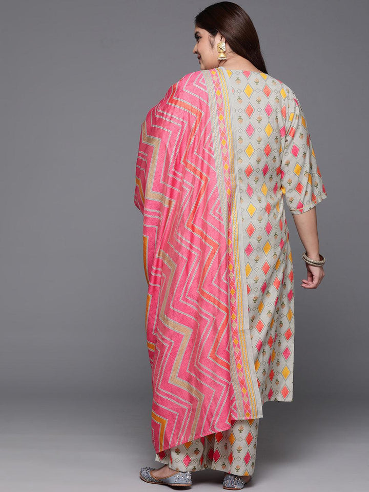Plus Size Multicoloured Printed Silk Blend Straight Suit With Dupatta