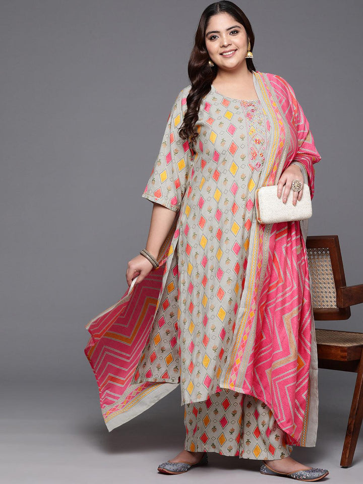 Plus Size Multicoloured Printed Silk Blend Straight Suit With Dupatta
