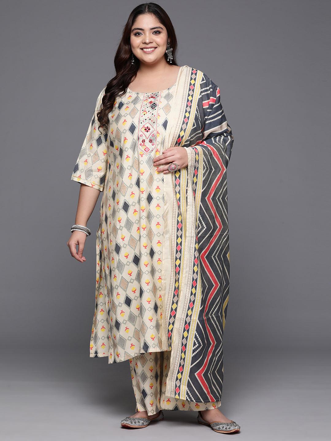 Plus Size Multi Printed Silk Blend Straight Kurta With Trousers & Dupatta - ShopLibas 