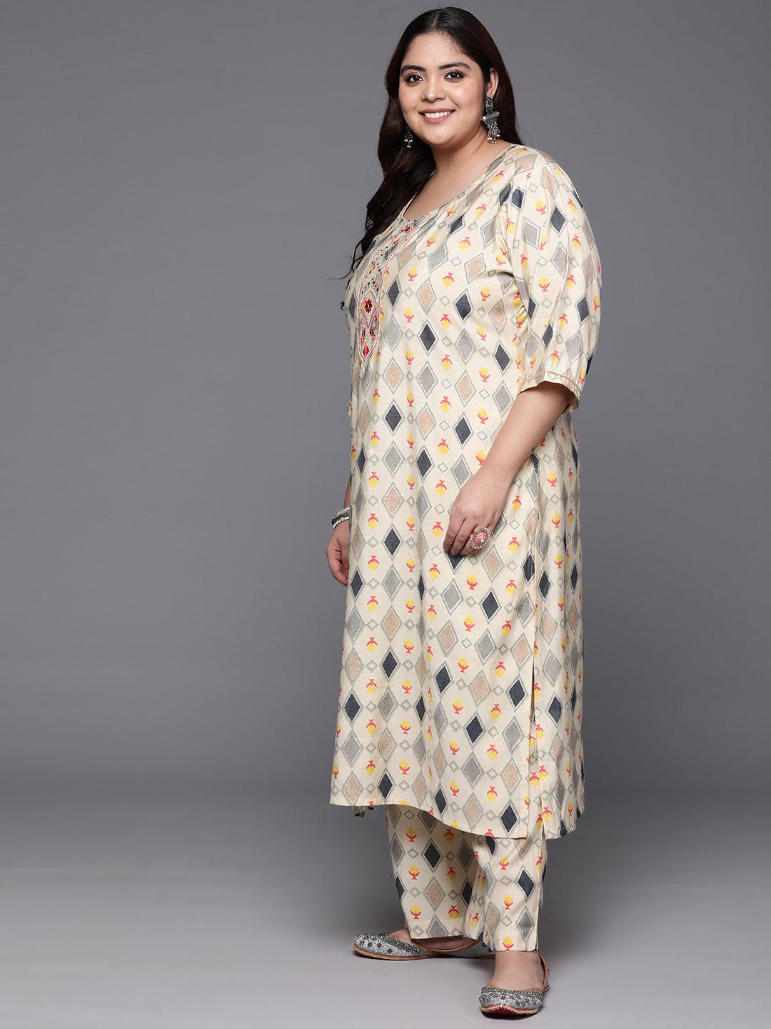 Plus Size Multi Printed Silk Blend Straight Kurta With Trousers & Dupatta - ShopLibas 