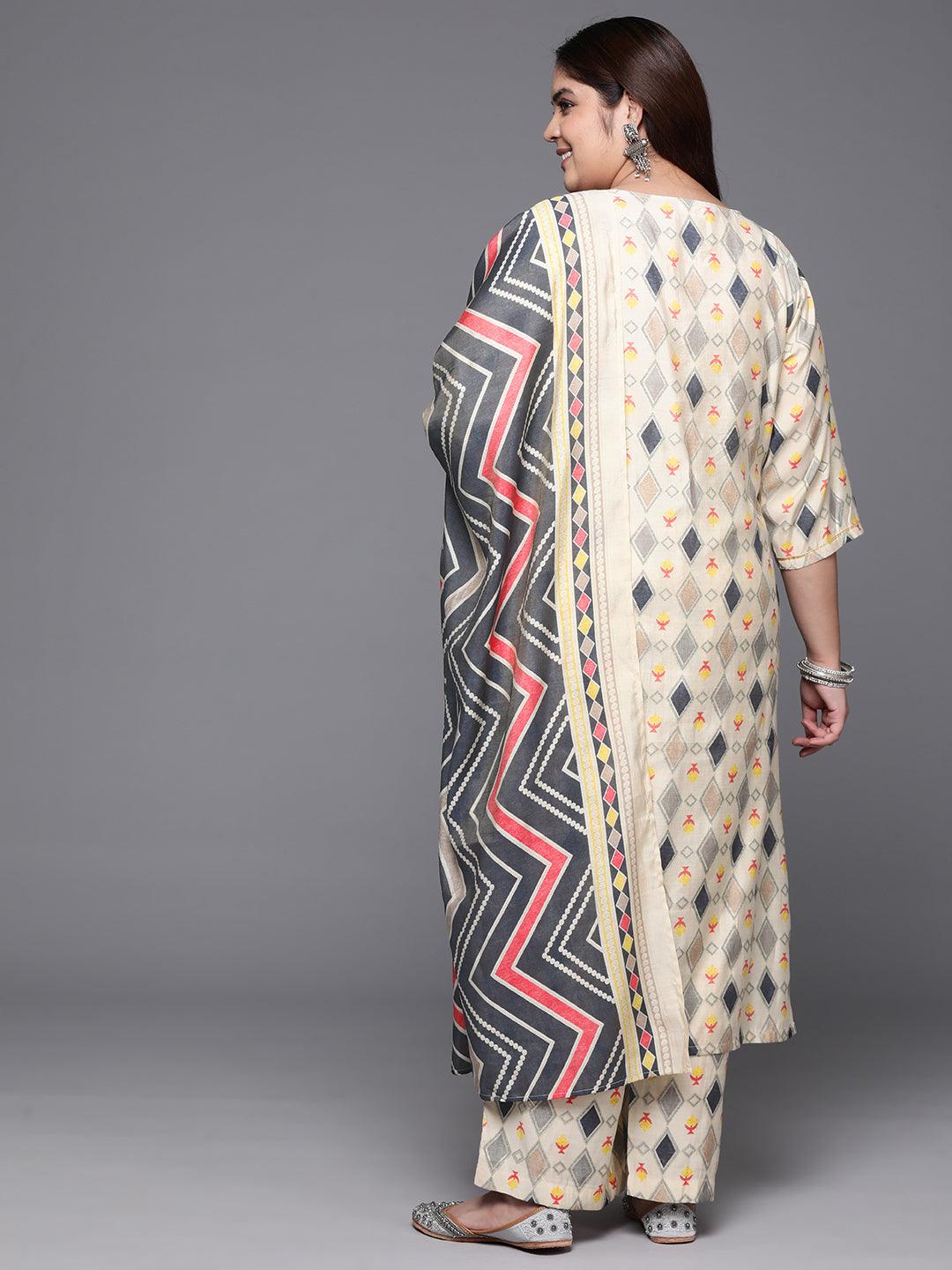 Plus Size Multi Printed Silk Blend Straight Kurta With Trousers & Dupatta - ShopLibas 