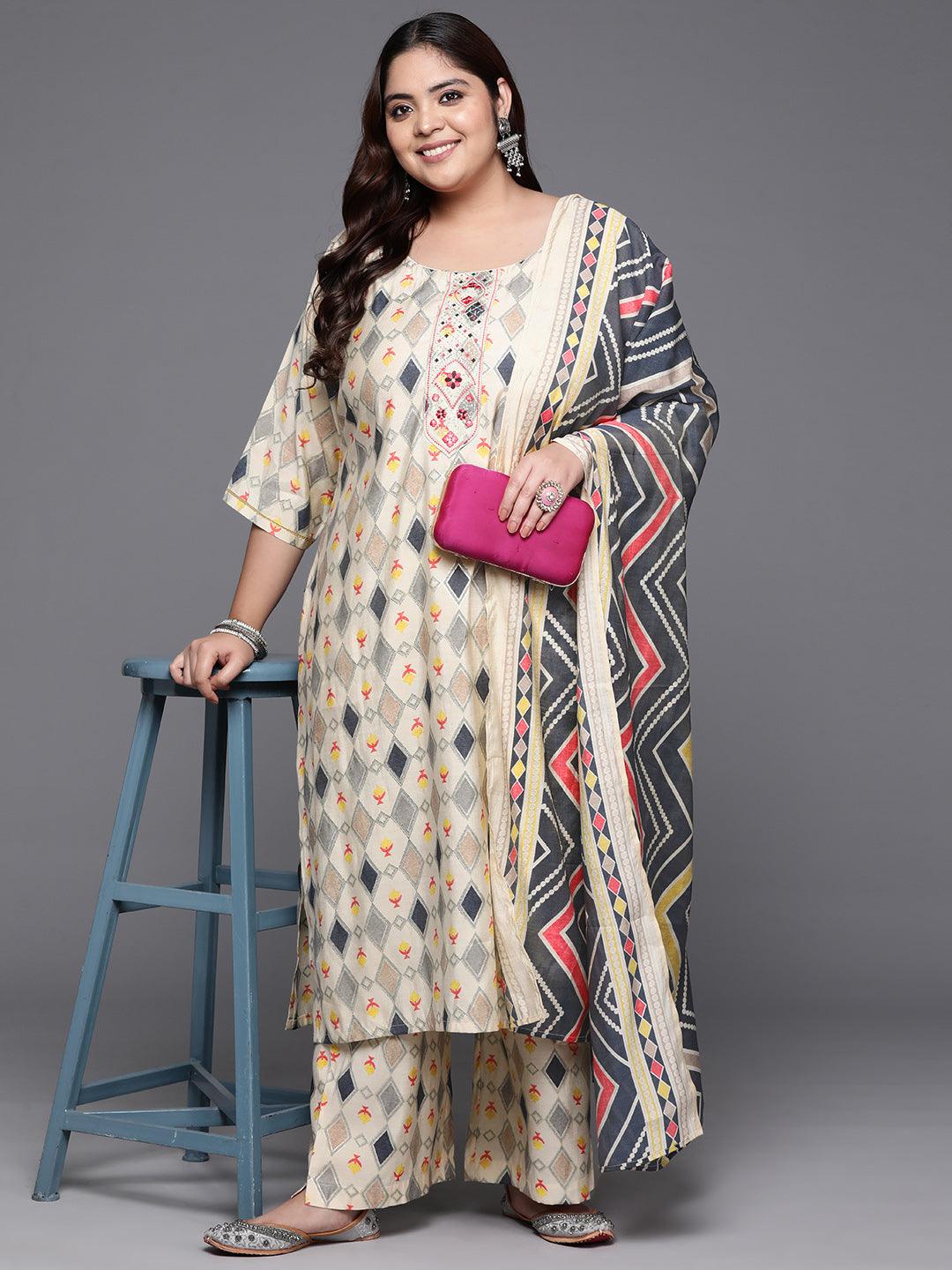Plus Size Multi Printed Silk Blend Straight Kurta With Trousers & Dupatta - ShopLibas 