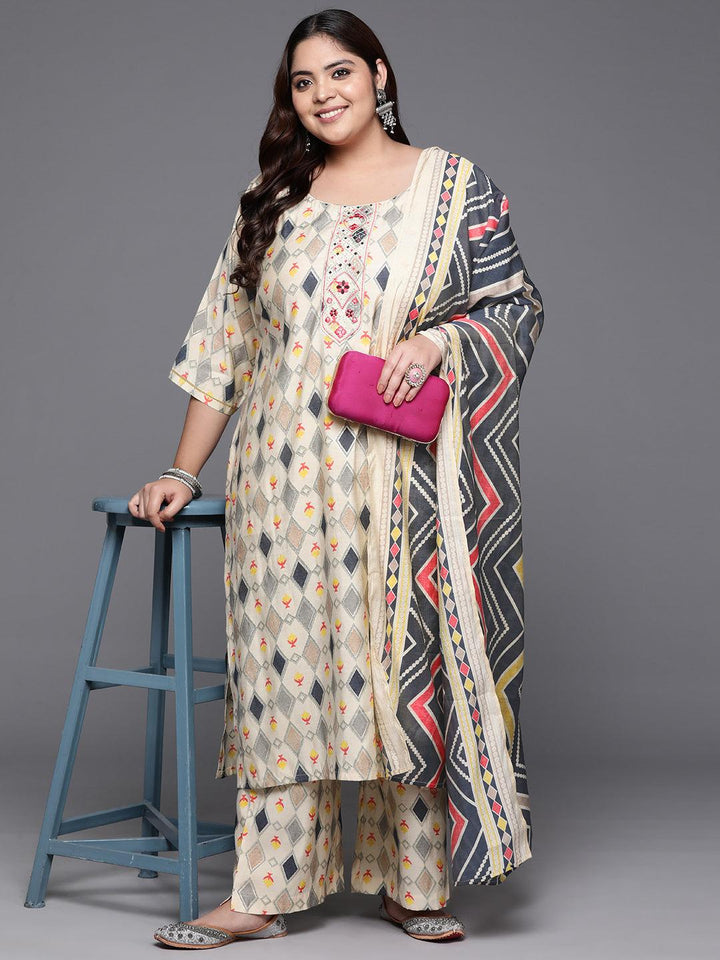 Plus Size Multicoloured Printed Silk Blend Straight Suit With Dupatta