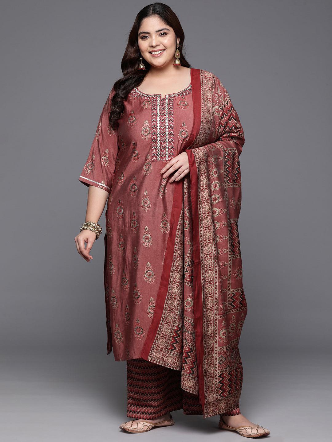 Plus Size Rust Printed Silk Blend Straight Kurta With Trousers & Dupatta - ShopLibas